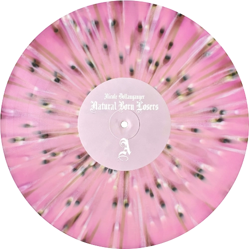 nicole dollanganger natural born losers pink with white and black splatter vinyl flower bed